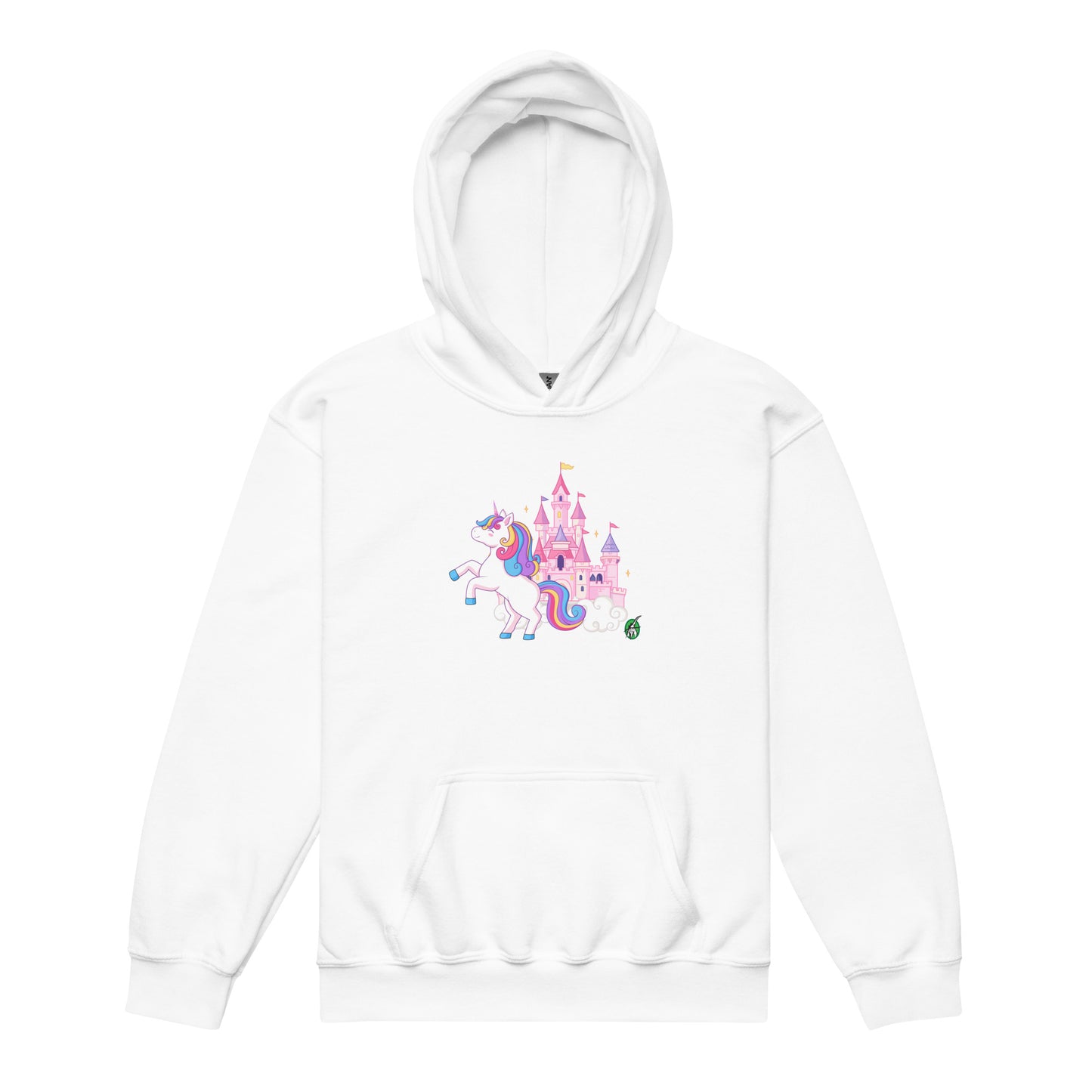 A Wizard Prints kids hoodie in white with a printed graphic on the front of unicorn prancing with a castle in the background