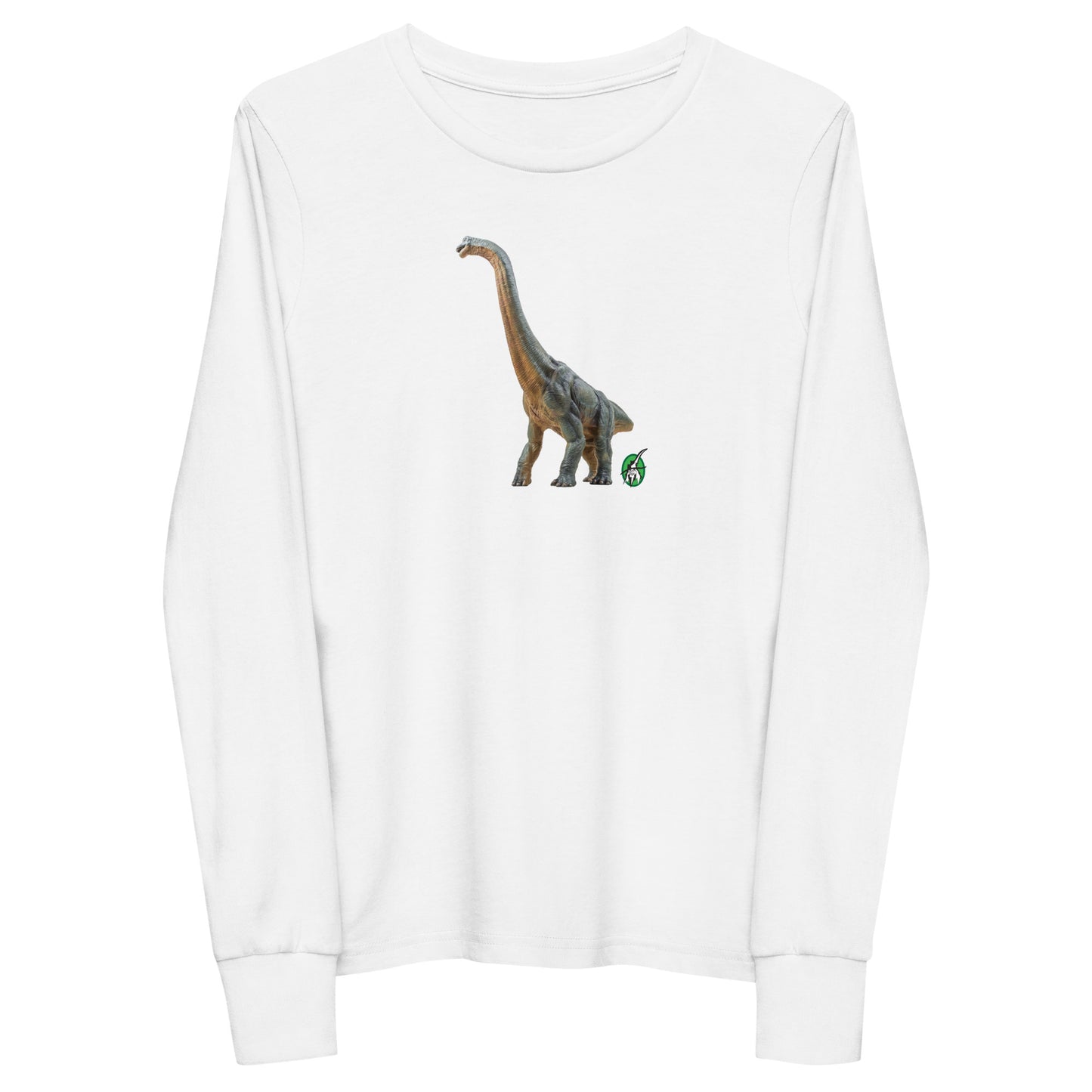 Kids' white long-sleeve T-shirt featuring a printed graphic of life like Brachiosaurus, by Wizard Prints.