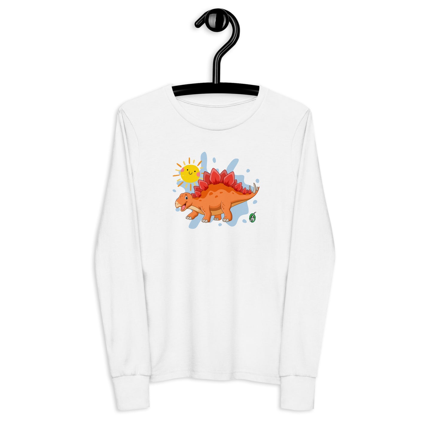 Kids' white long sleeve t-shirt with a printed graphic of an orange dinosaur and the sun, by Wizard Prints.