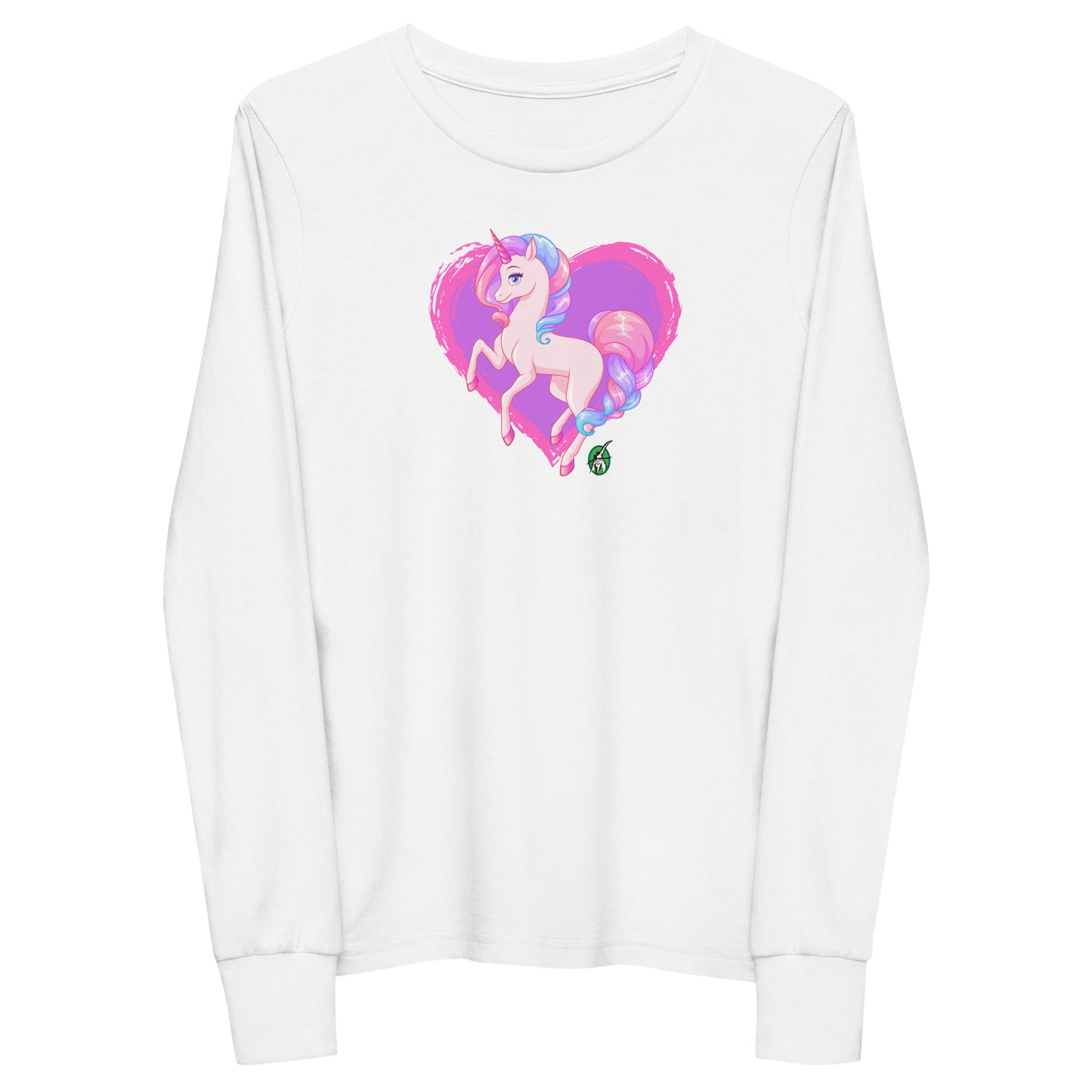 Kids' white long-sleeve T-shirt featuring a printed graphic of a pink unicorn on a purple heart background, by Wizard Prints.