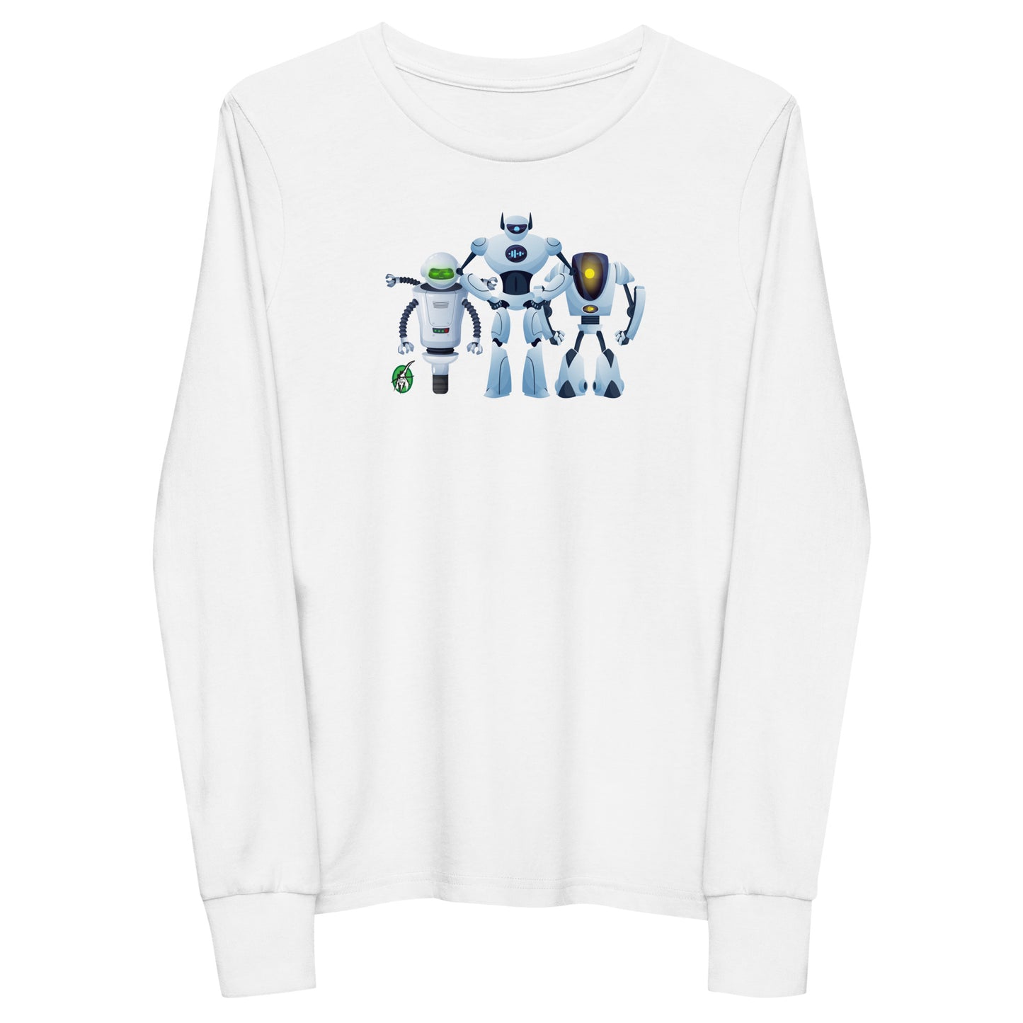 Kids' white long-sleeve T-shirt featuring a printed graphic of robots, by Wizard Prints.
