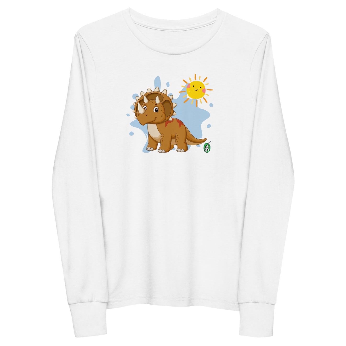 Kids' white long sleeve t-shirt with a printed graphic of a triceratops dinosaur and the sun, by Wizard Prints.