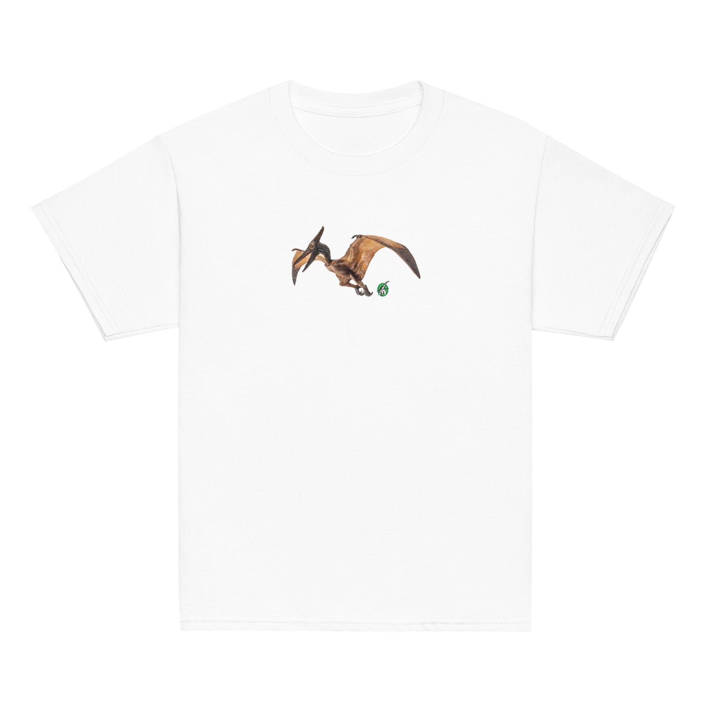 A Wizard Prints kids t-shirt in white colour with a printed graphic on the front of a dinosaur
