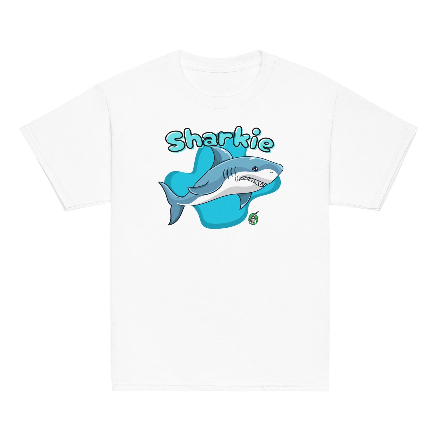 Kids' white t-shirt featuring a printed graphic of a cartoon shark and the word, Sharkie, by Wizard Prints.