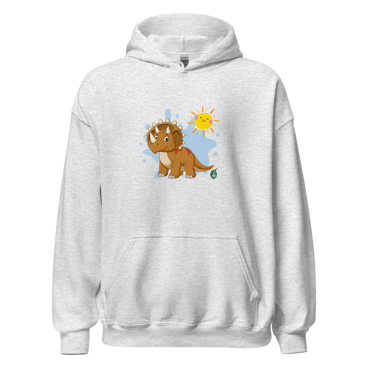 Men's ash hoodie with a printed graphic of a smiling cartoon dinosaur and the sun. Designed by Wizard Prints.