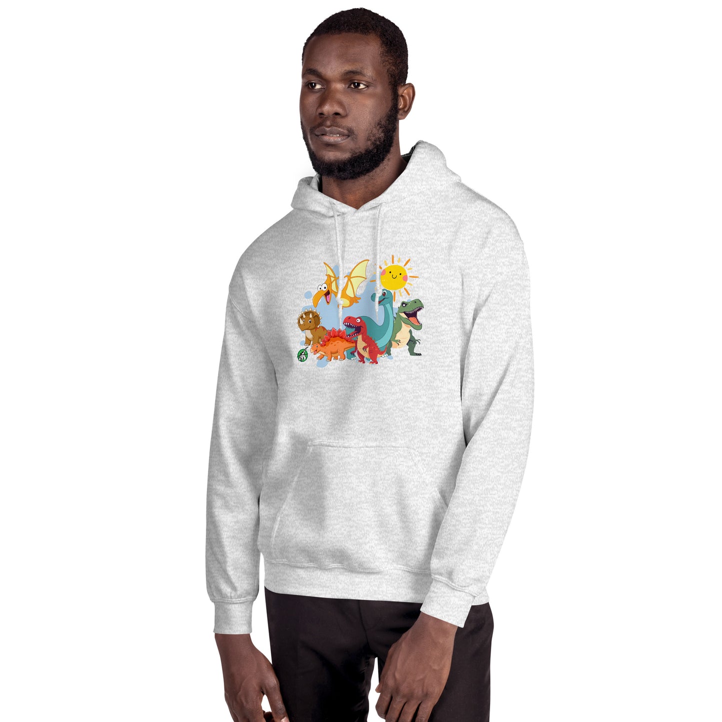 A man standing wearing an ash hoodie with a printed graphic of different colorful dinosaur types and the sun. Designed by Wizard Prints.