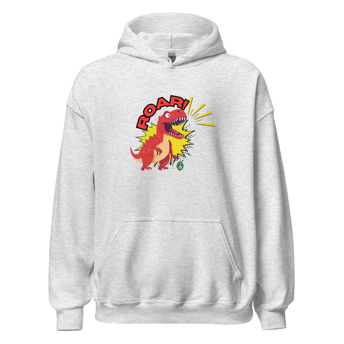 Men's ash hoodie with a printed graphic of a red roaring cartoon dinosaur and the word Roar! Designed by Wizard Prints