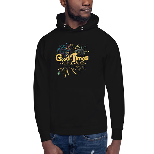 A man standing wearing a black hoodie with a printed graphic of fireworks with the words, 'Good Times'. Designed by Wizard Prints
