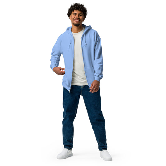 A man standing wearing a blue zip through hoodie by Wizard Prints Shop and jeans