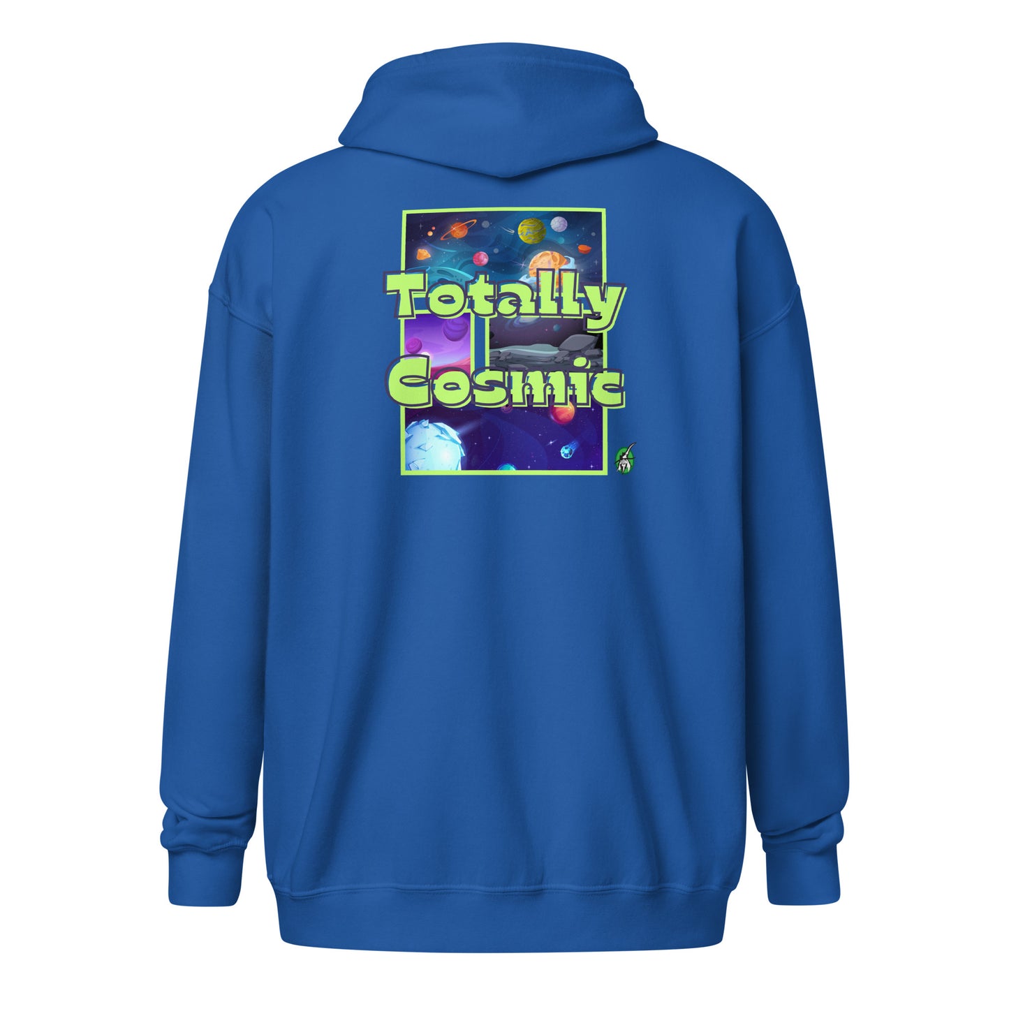Men's bright blue zip through hoodie with a graphic on the back of the cosmos and the words Totally Cosmic, by Wizard Prints