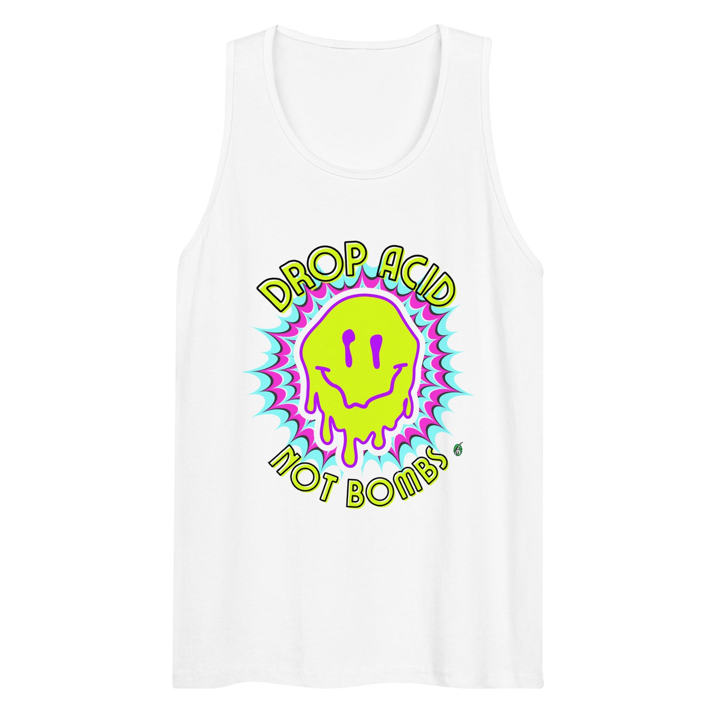 Men's festival graphic tank top in white from Wizard Prints Shop with the slogan, Drop Acid Not Bombs and the image of squiggly smiley face in bright colours