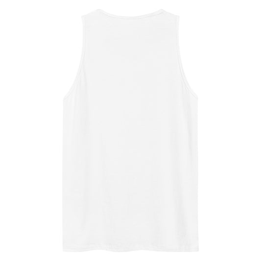 The back view of a white men's festival graphic tank top from Wizard Prints Shop