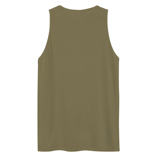 The back view of a men's festival graphic tank top in green from Wizard Prints Shop