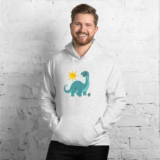 A man standing wearing an ash hoodie with a printed graphic of a smiling cartoon dinosaur and the sun. Designed by Wizard Prints.