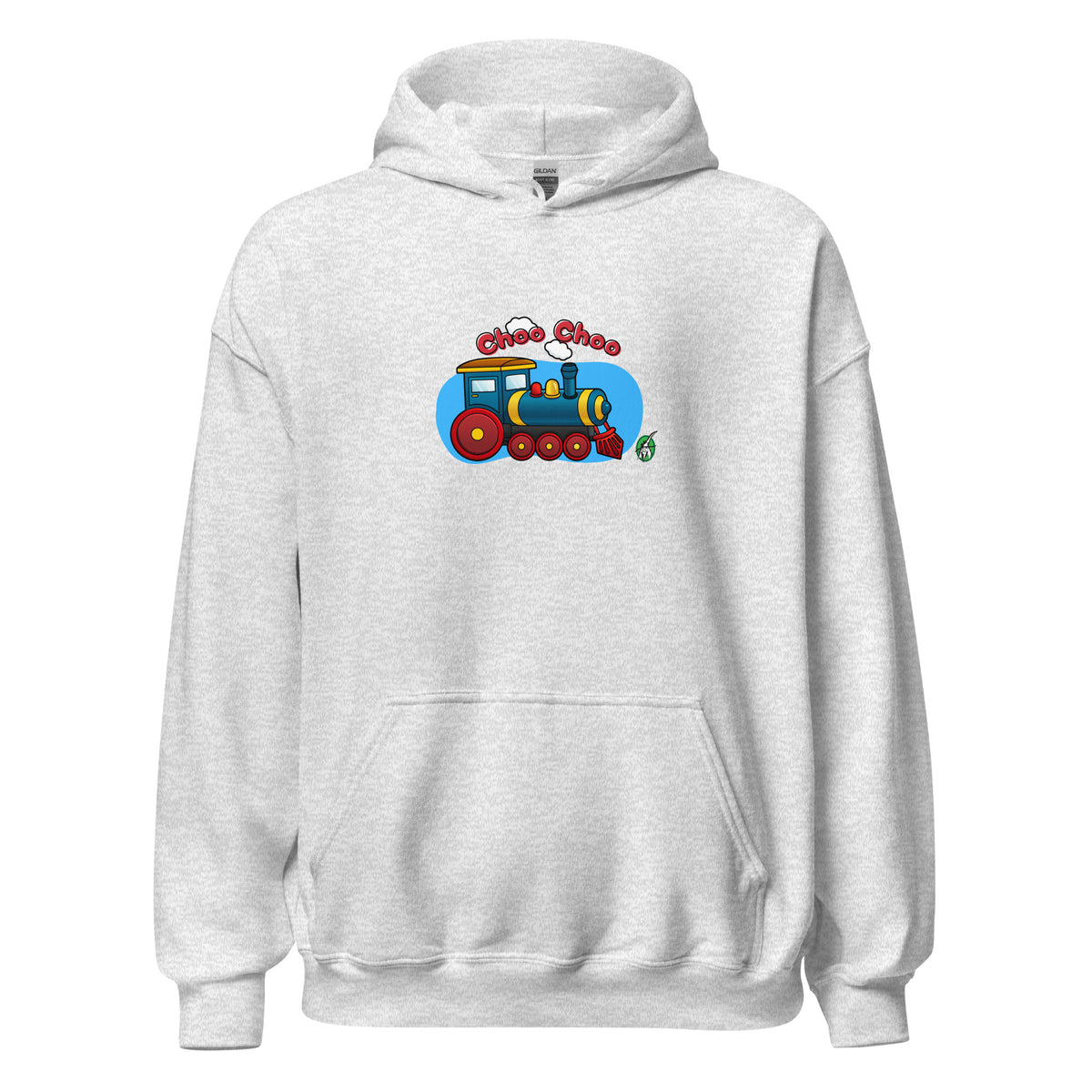 Men's ash hoodie with a printed graphic of a cartoon train and the words 'Choo Choo'. Designed by Wizard Prints