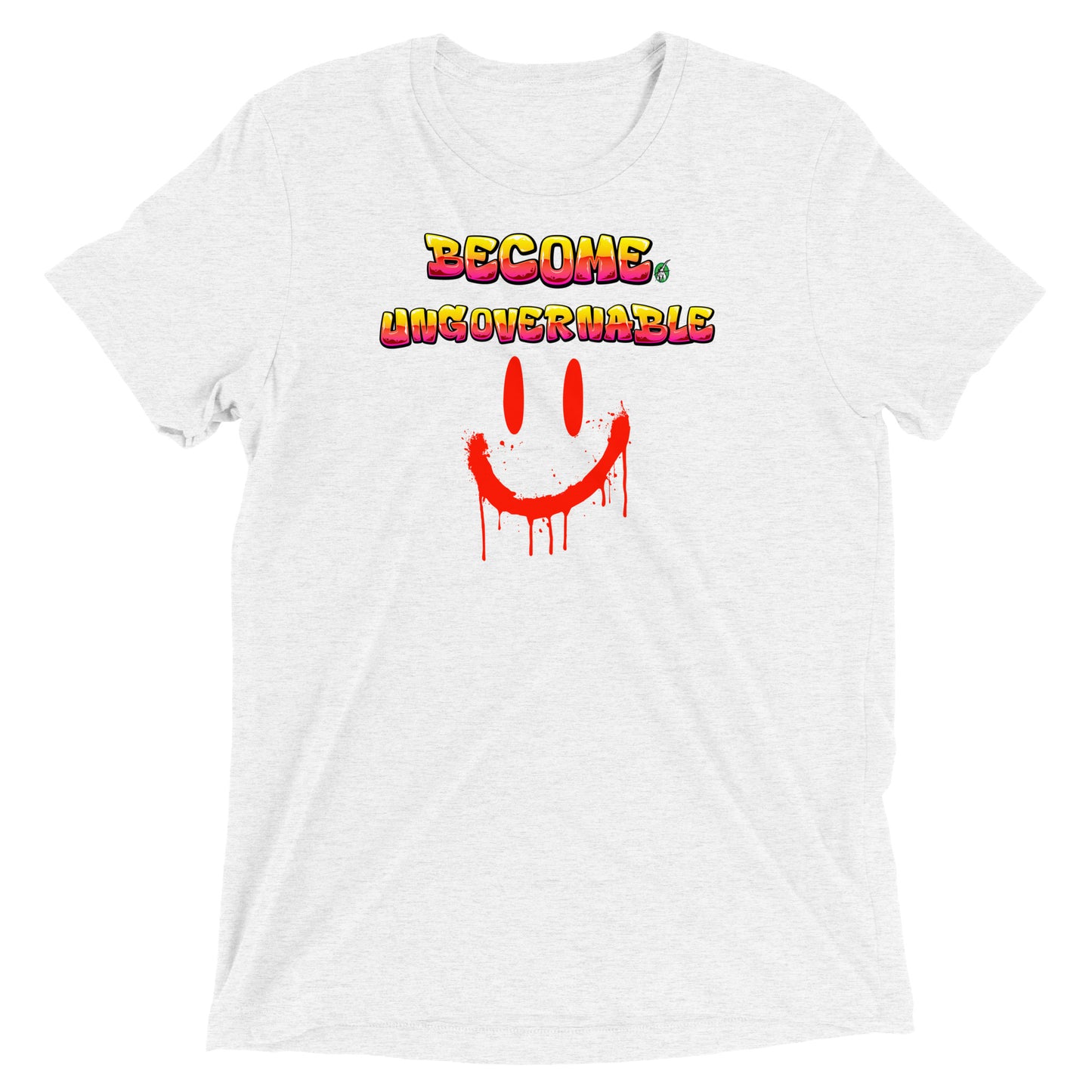 A Wizard Prints men's graphic rebel t-shirt in white with a printed graphic on the front of Ungovernable with weird smiley face graphitti style