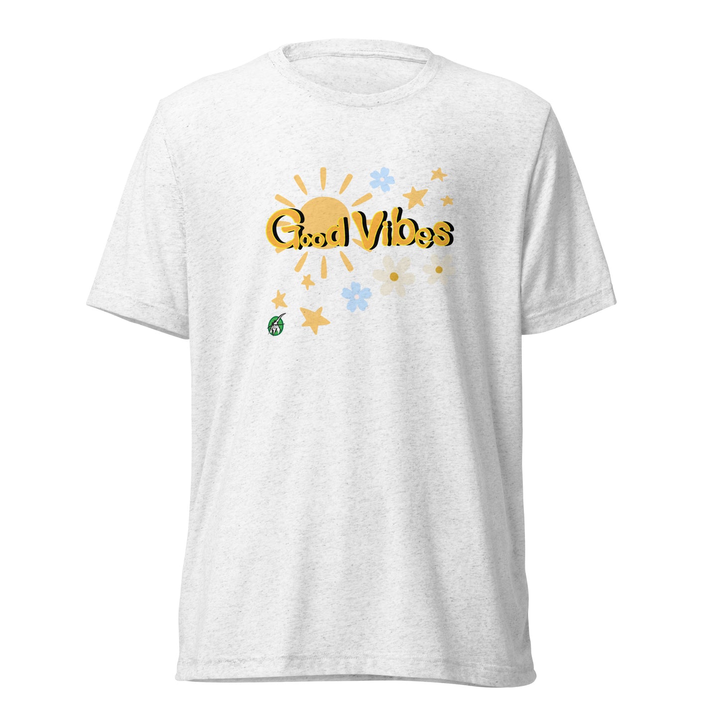Men's white tee shirt with a printed graphic of the sun and the words, Good Vibes. Designed by Wizard Prints