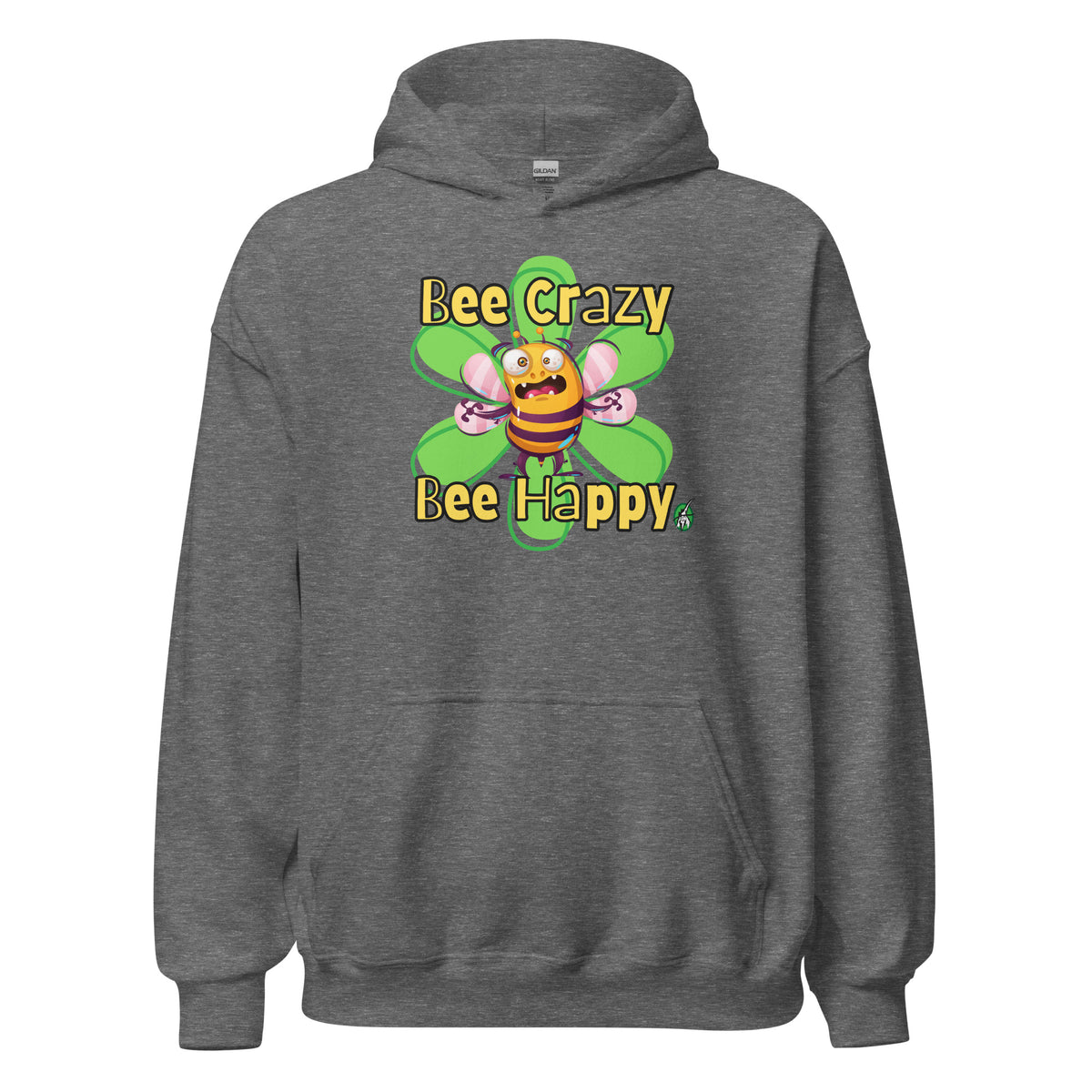 Men's dark grey hoodie with a printed graphic of a bee with the words, 'Bee Crazy Bee Happy'. Designed by Wizard Prints.