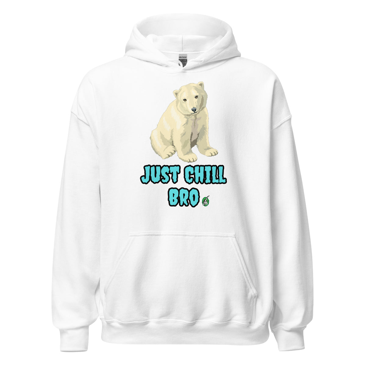 Men's white hoodie with a printed graphic of a bear with the words, 'Just Chill Bro'. Designed by Wizard Prints.