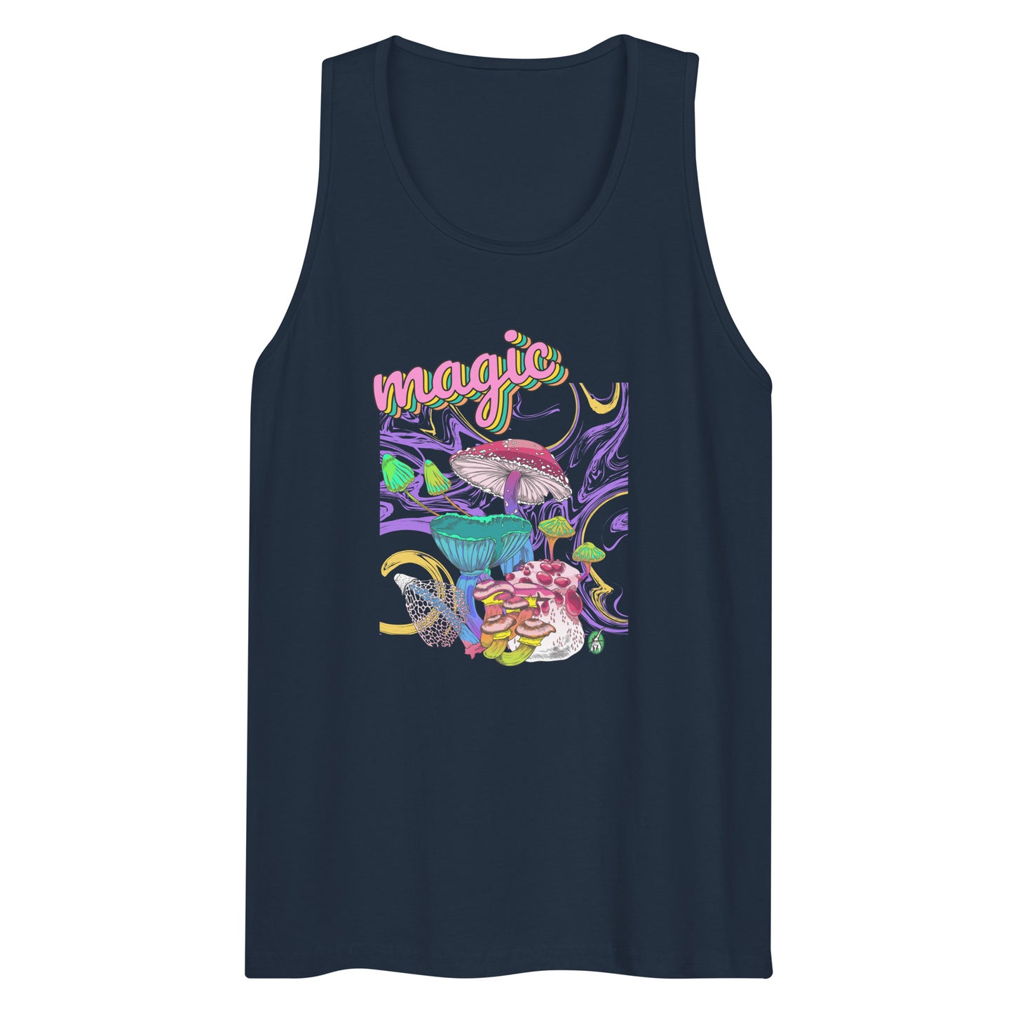 Men's festival graphic tank top in navy from Wizard Prints Shop with the image of a magic mushroom garden