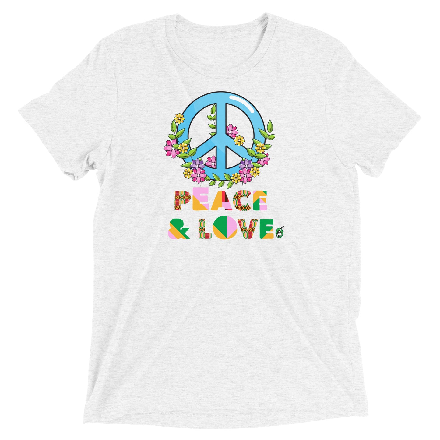 Men's festival graphic t-shirt in white from Wizard Prints Shop with the slogan, Peace & Love and the image of a colourful peace sign