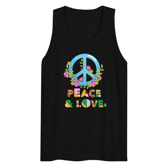 Men's festival graphic tank top in black from Wizard Prints Shop with the slogan, Peace & Love and the image of a colourful peace sign