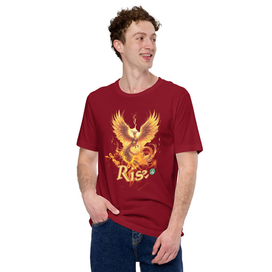A man standing wearing a red graphic T-Shirt with the image of a Phoenix in gold and the word Rise underneath