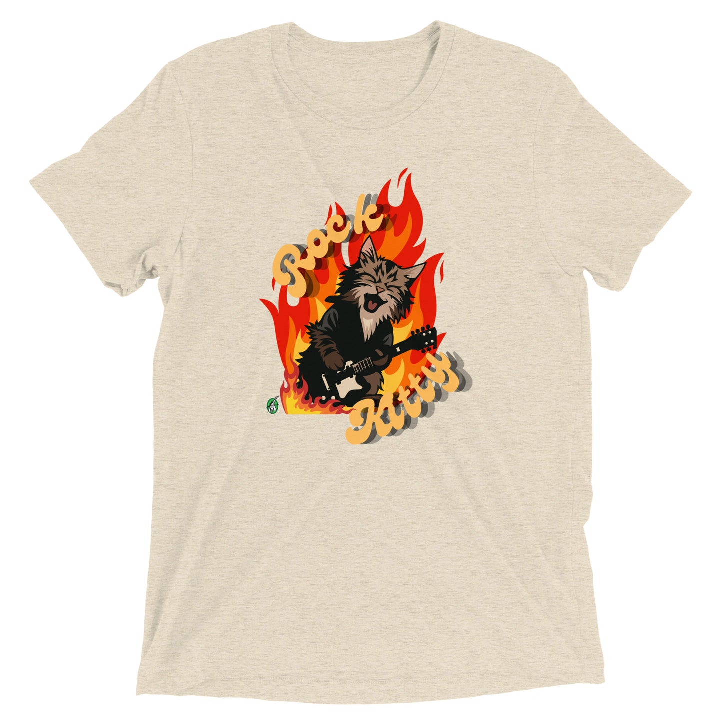 Men's festival graphic t-shirt in cream from Wizard Prints Shop with the slogan, Rock Kitty and image of a kitten playing guitar