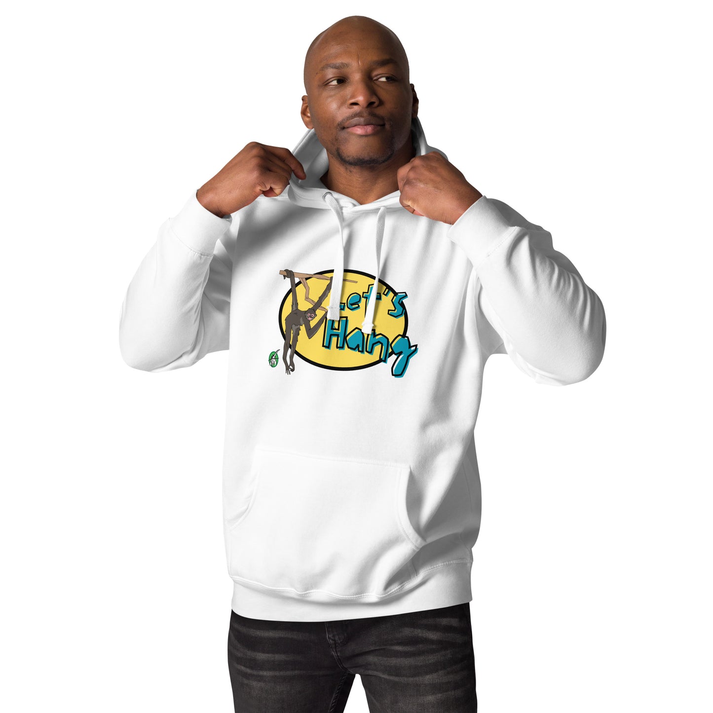 A man standing wearing white hoodie with a printed graphic of a monkey hanging on a branch with the words, Let's Hang. Designed by Wizard Prints.