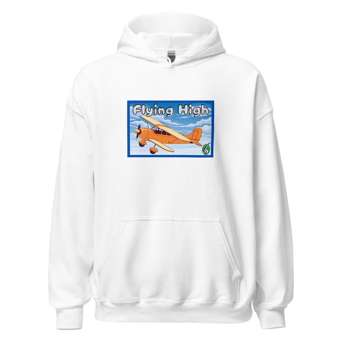Men's white hoodie with the printed graphic of a vintage airplane and the words, Flying High, by Wizard Prints.