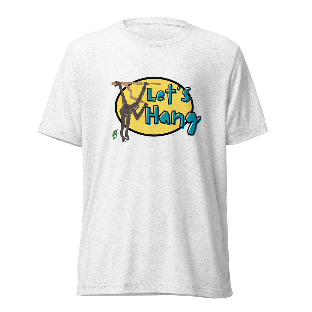 Men's white tee shirt with a printed graphic of a monkey hanging on a branch with the words, Let's Hang. Designed by Wizard Prints