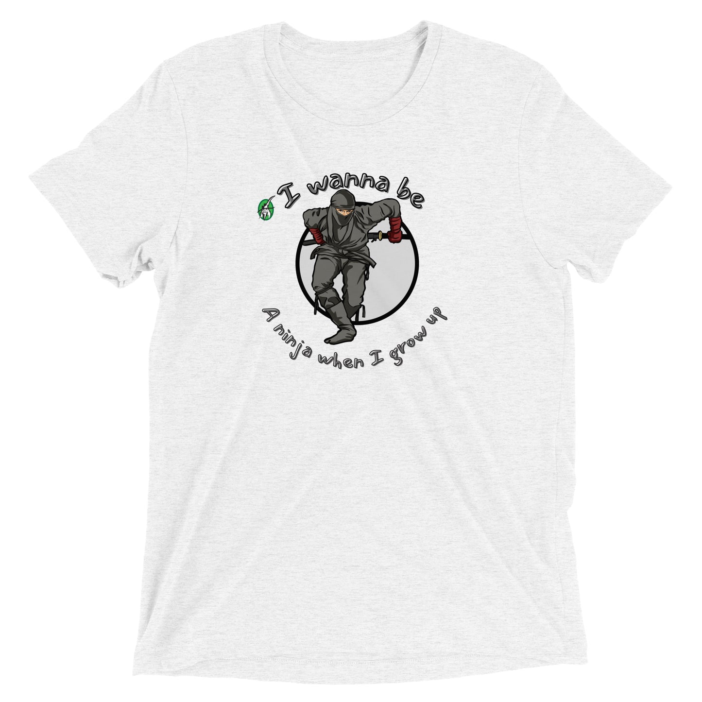 Men's white t-shirt by Wizard Prints featuring a printed graphic of a ninja with the words, I wanna be a ninja when I grow up.