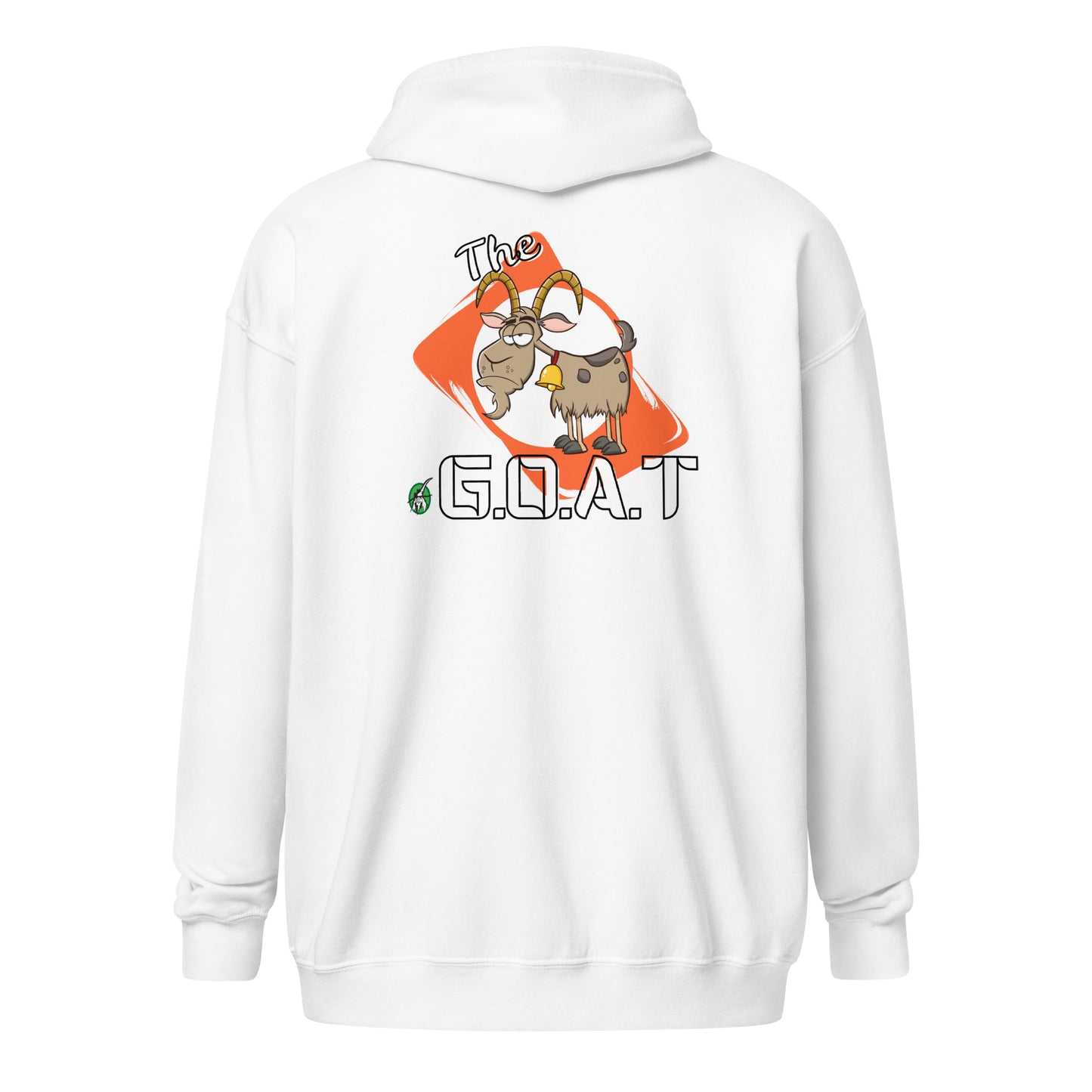 Men's white zip through hoodie with a graphic of a goat on the back with the word G.O.A.T as in Greatest of all Time and a graphic of a goat on an orange background by Wizard Prints