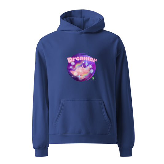 A unisex blue hoodie by Wizard Prints featuring a printed graphic of a galaxy background and the word Dreamer on top.