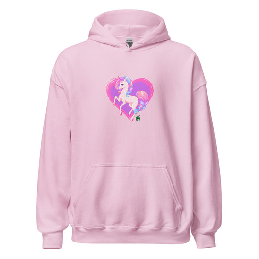 A unisex light pink hoodie featuring a graphic of a pink unicorn on a purple heart background, designed by Wizard Prints.