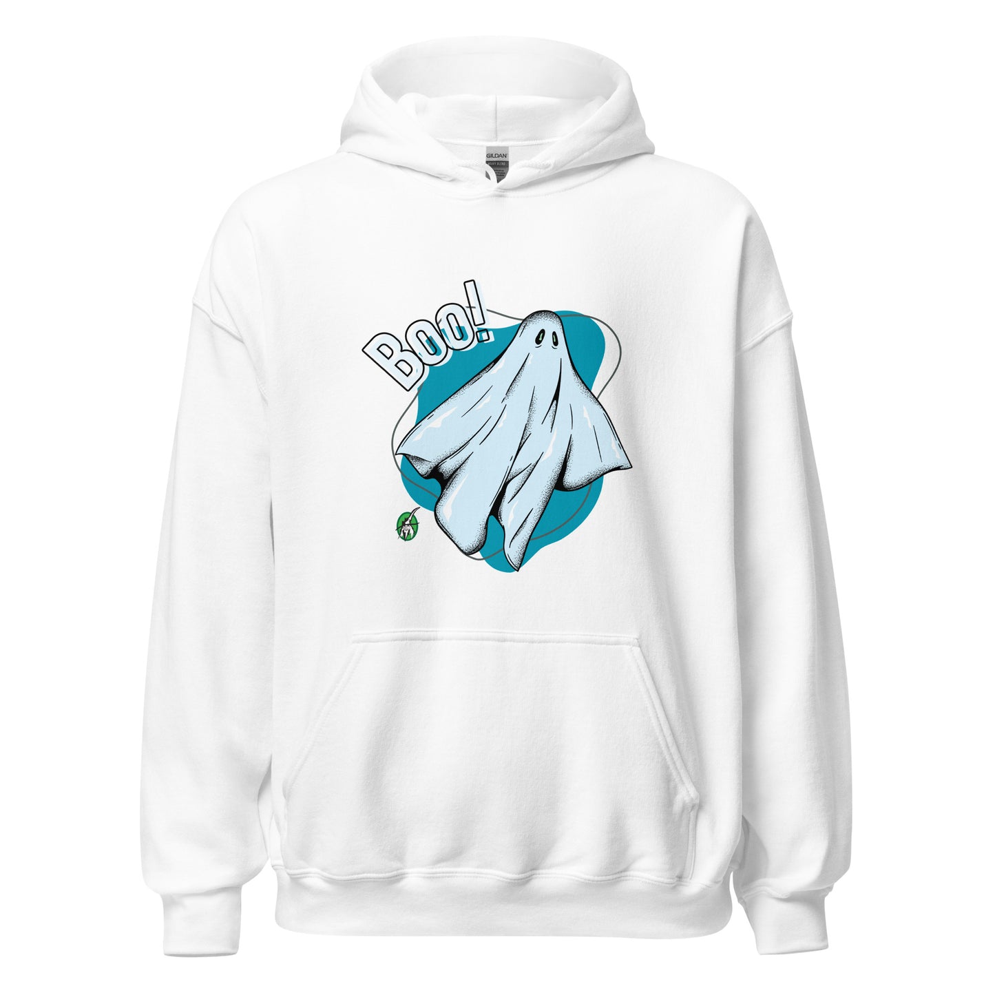 A Wizard Prints Halloween hoodie in white with a printed graphic on the front of a ghost saying Boo!