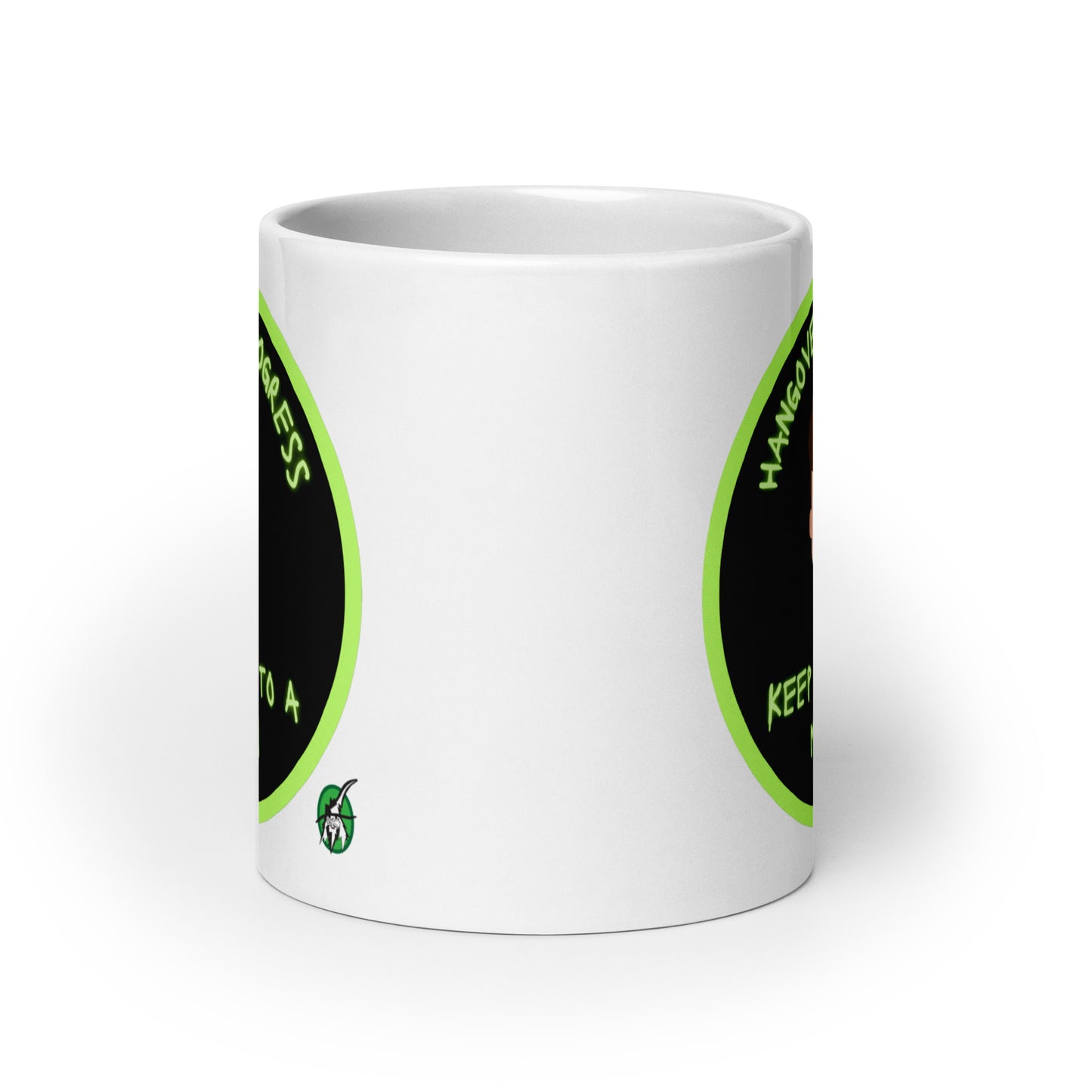 Wizard Prints white graphic mug with a sleepy cartoon character and 'Hangover in progress. Keep noise to a minimum' text on a white background.
