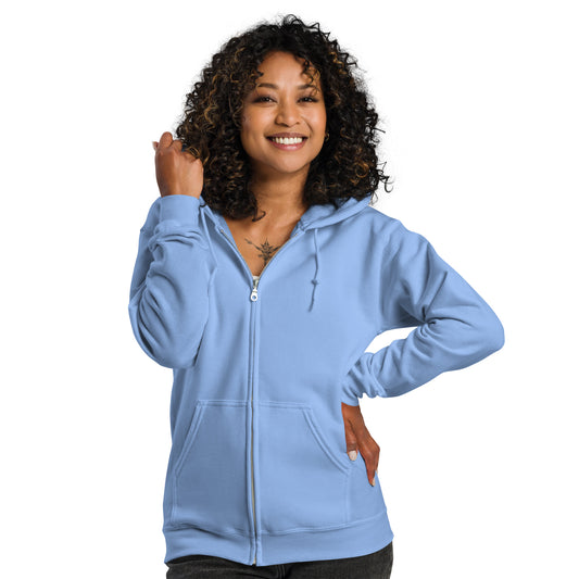 A lady standing wearing a blue zip through hoodie by Wizard Prints Shop