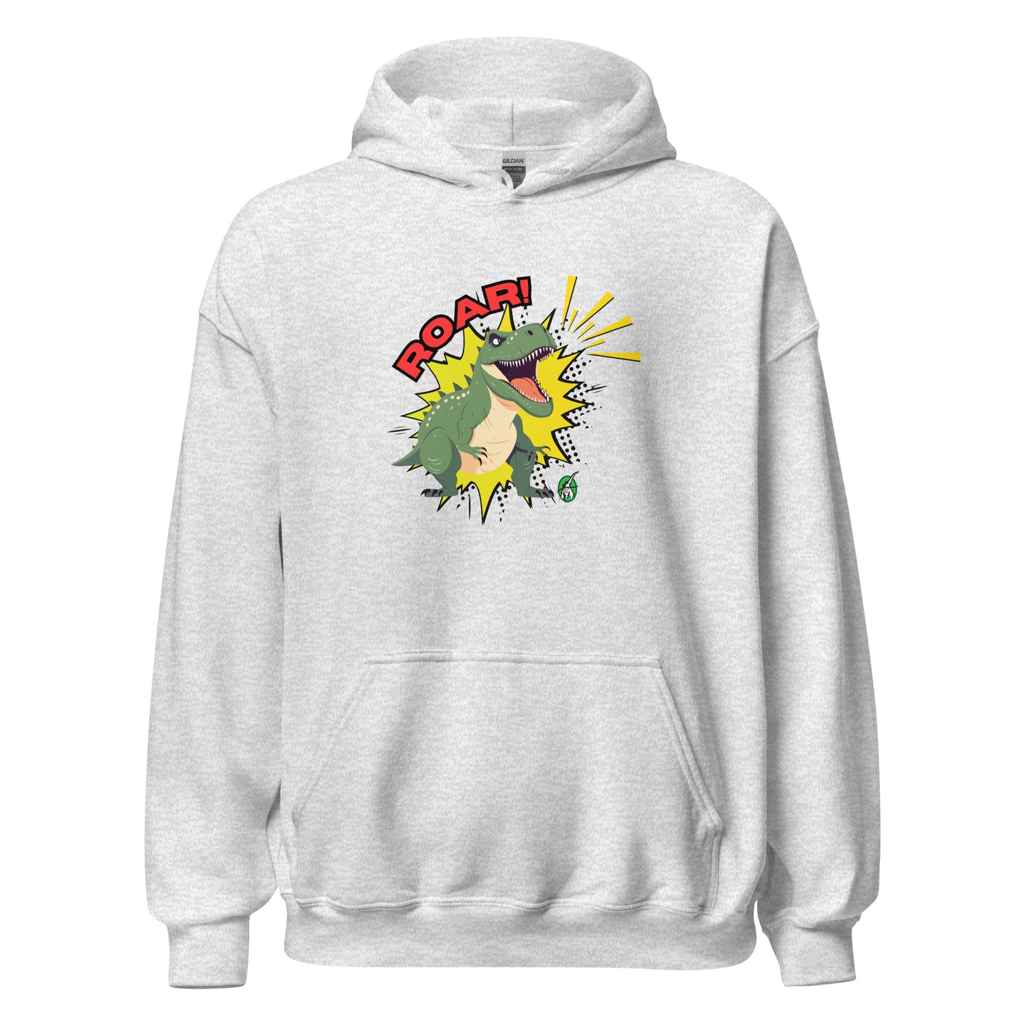 Women's ash hoodie with a printed graphic of a green roaring cartoon dinosaur and the word Roar! Designed by Wizard Prints