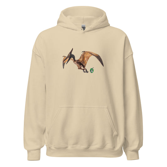 Women's beige hoodie with a printed graphic of a life like pterodactyl dinosaur. Designed by Wizard Prints.