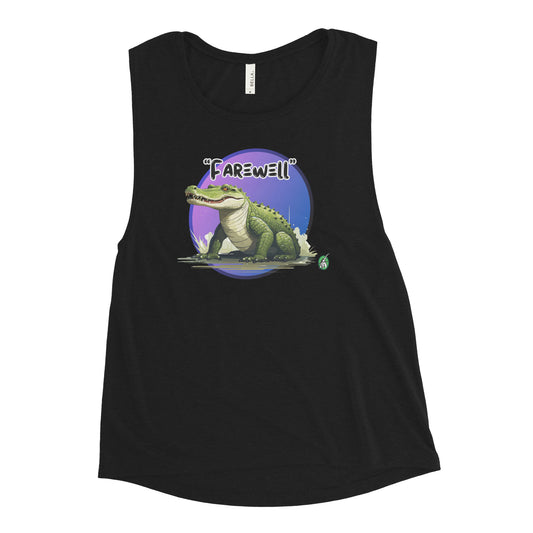 Women's black tank top by Wizard Prints with a printed graphic of a crocodile and the word, Farewell.