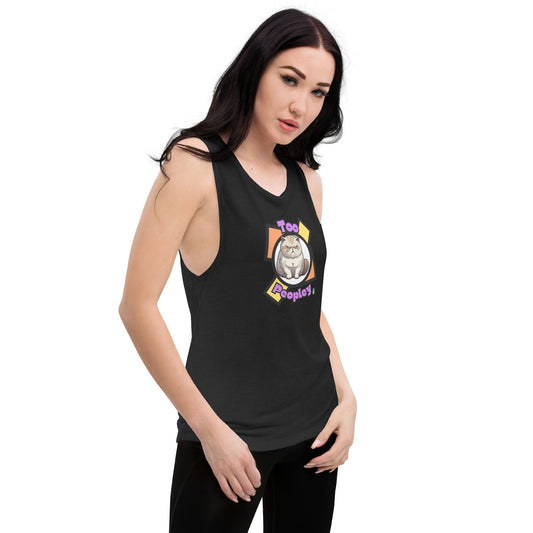 A woman standing wearing a black tank top by Wizard Prints with a printed graphic of a grumpy cat with the words, 'Too Peopley'