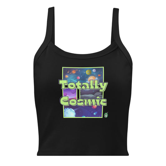 Women's black tank top by Wizard Prints with the printed graphic of colorful planets in the background with the words “Totally Cosmic” on top.