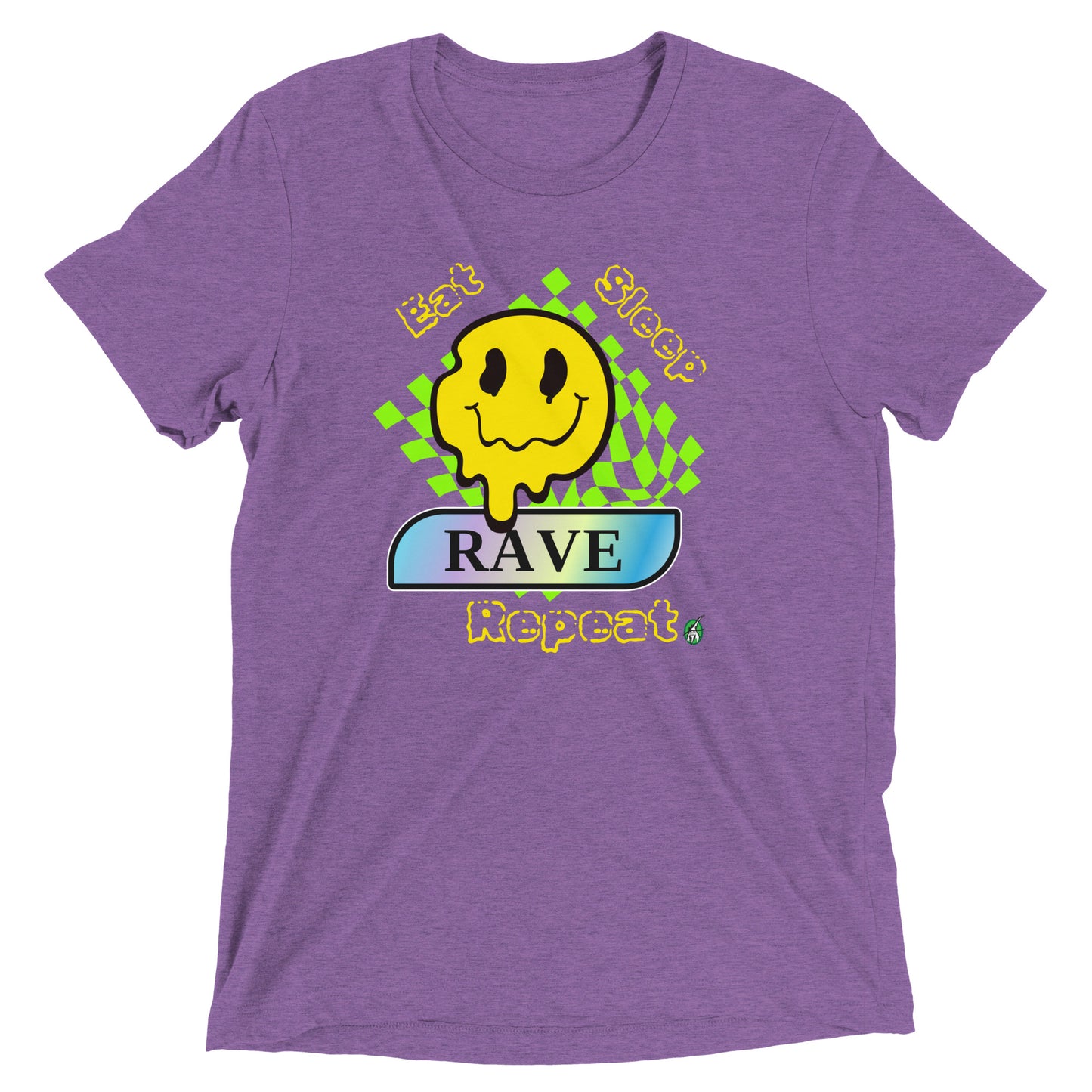 Women's festival graphic t-shirt in purple from Wizard Prints Shop with the slogan, Eat Sleep Rave Repeat and the image of a squiggly smiley face