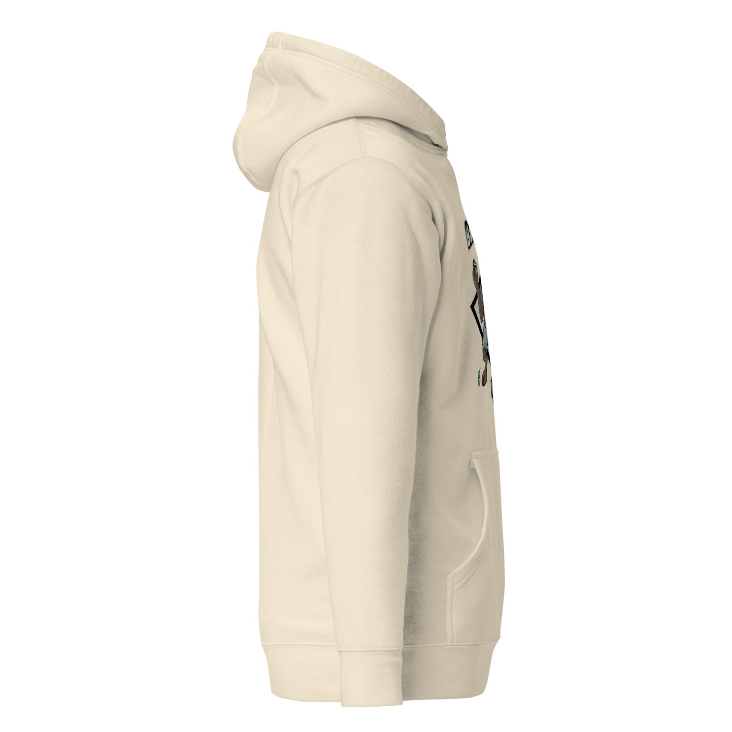 Side view of a women's beige hoodie by Wizard Prints Shop.