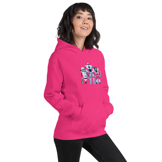 A woman standing wearing a heliconia hoodie with a printed graphic of three cartoon robots, designed by Wizard Prints