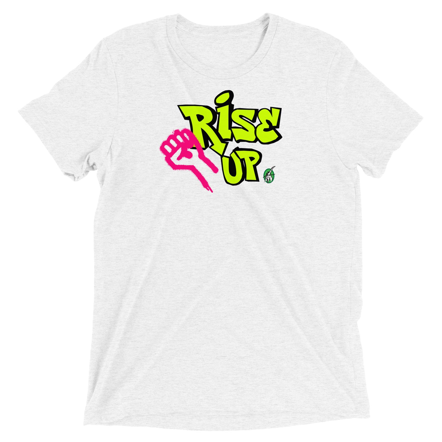 A Wizard Prints women's graphic rebel t-shirt in white with a printed graphic on the front of Rise Up graphitti style