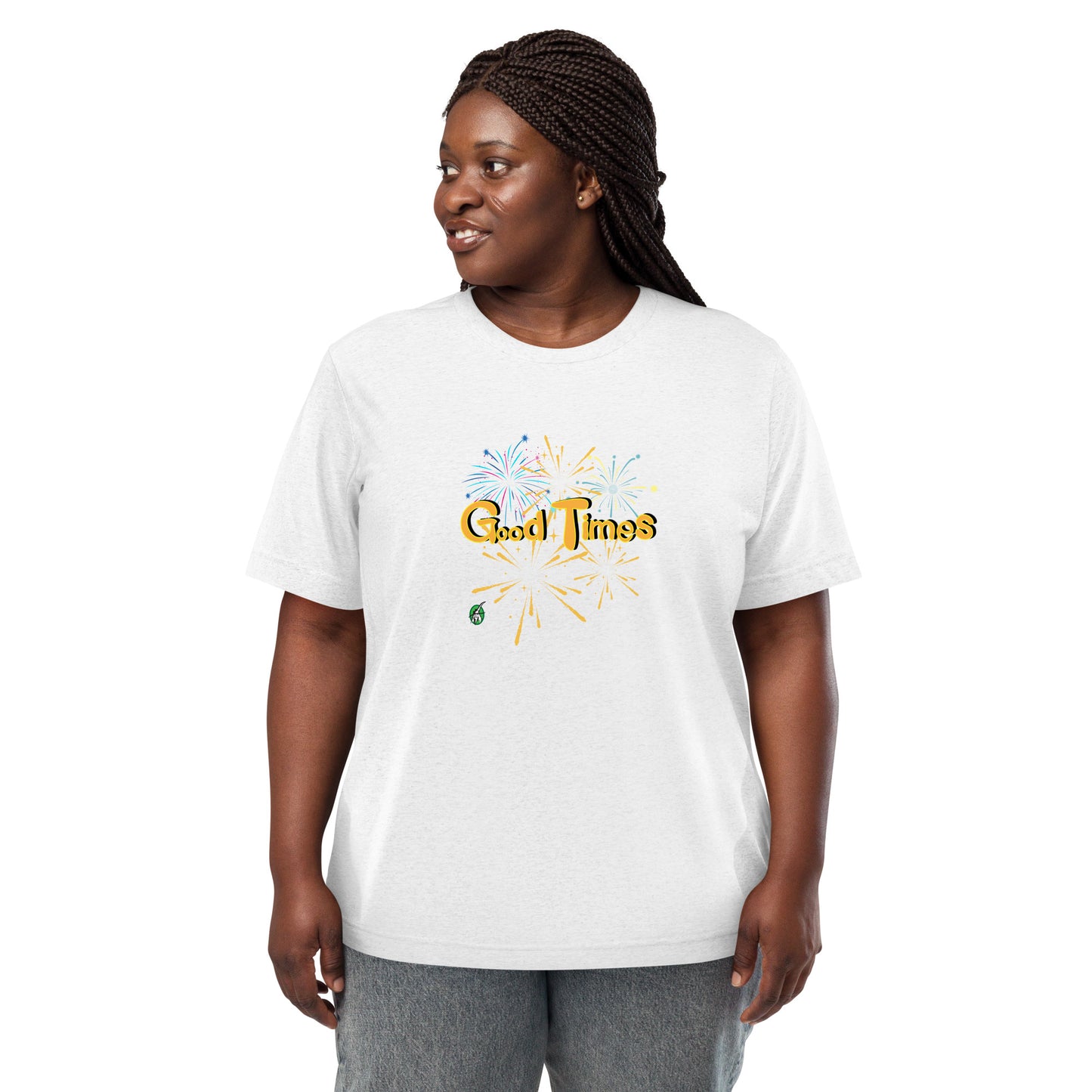 A woman standing wearing a white tee shirt with a printed graphic of fireworks with the words, Good Times. Designed by Wizard Prints