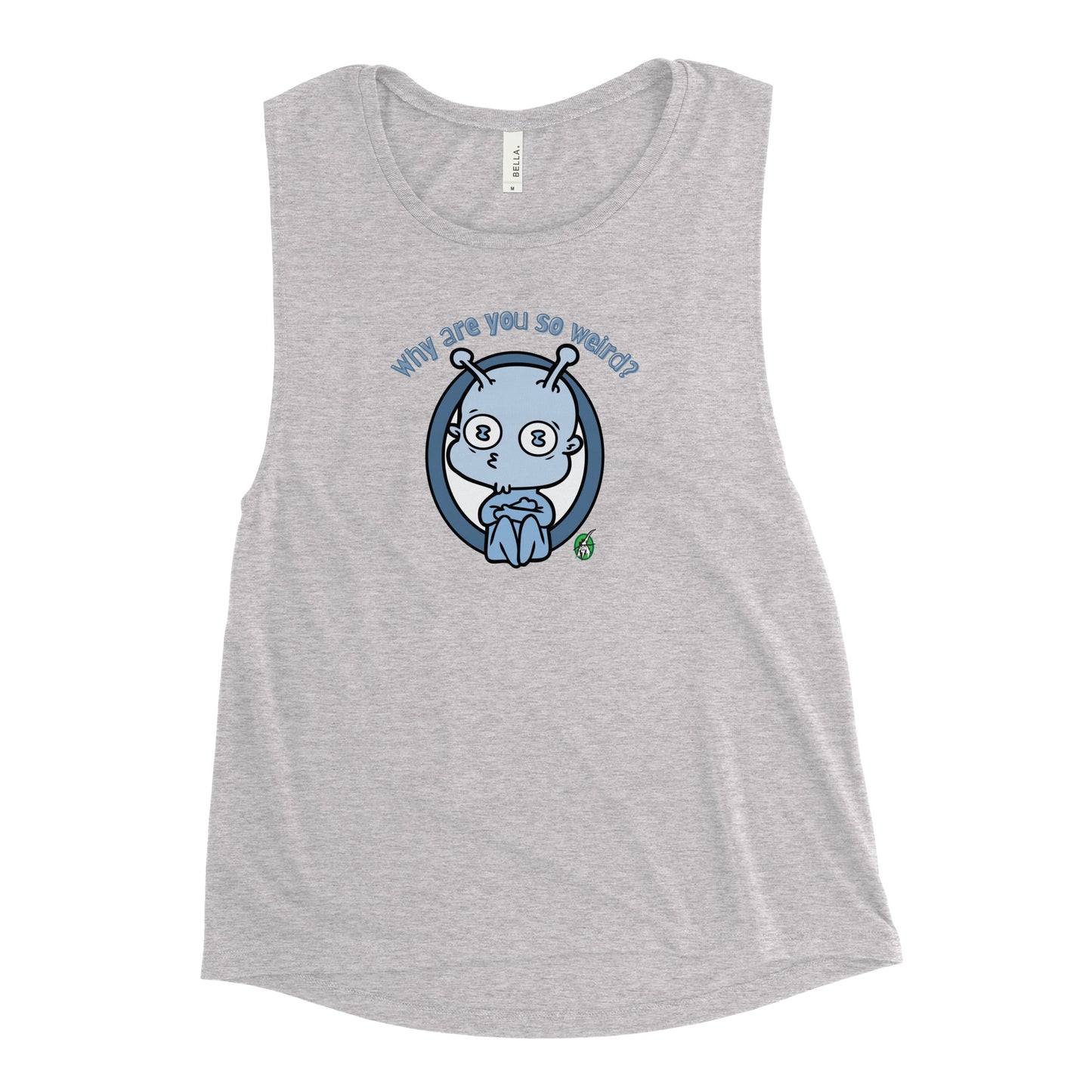 Women's grey tank top by Wizard Prints with a printed graphic of an alien and the question, Why are you so weird?