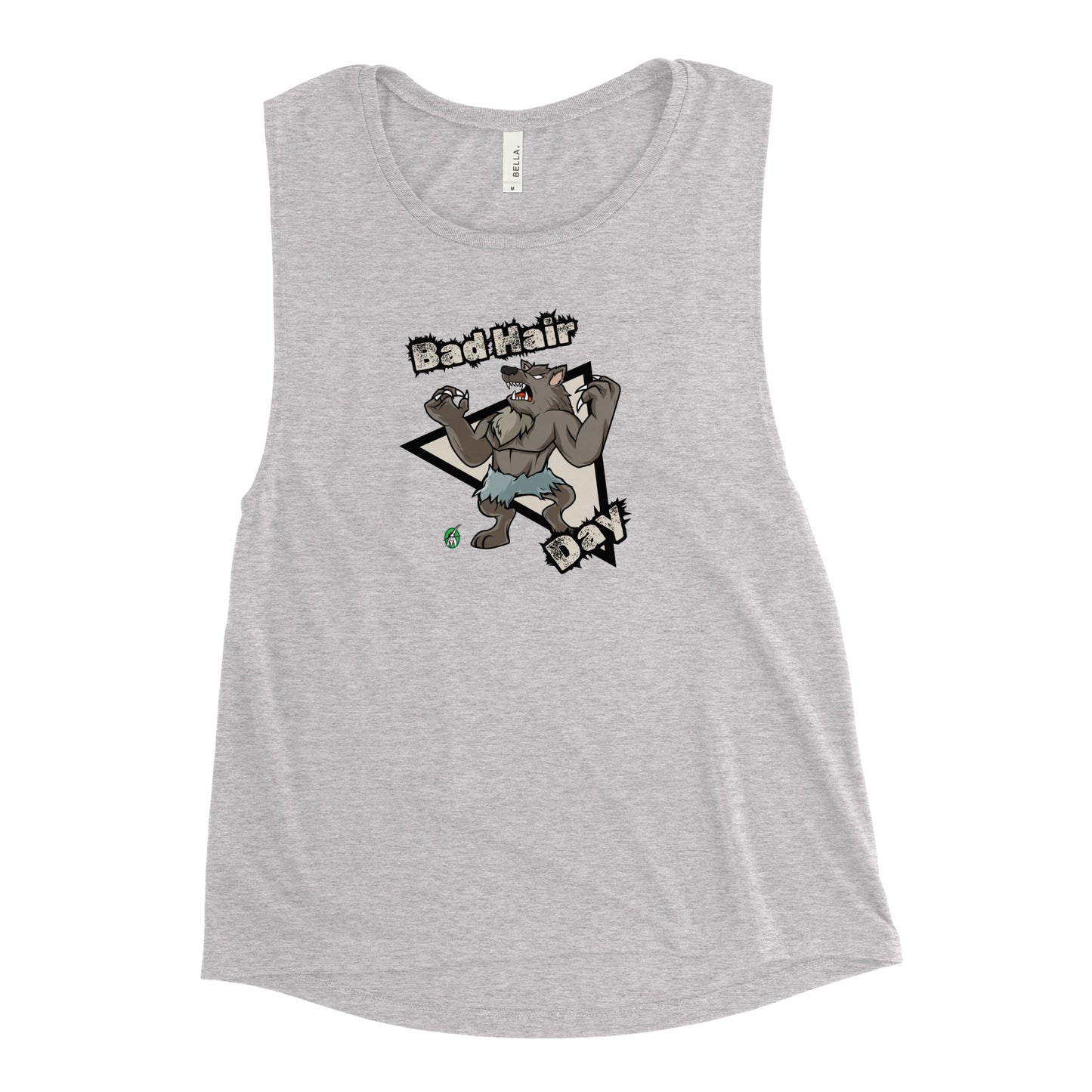 Women's grey tank top by Wizard Prints with a printed graphic of a werewolf with the words, Bad Hair Day.